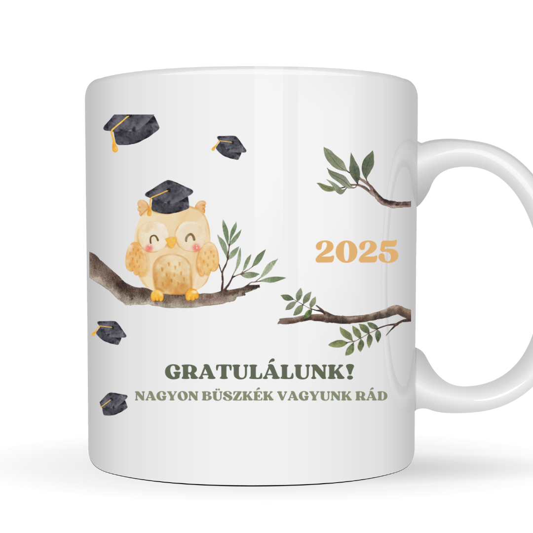 Ballagási bögre amin egy bagoly és gratulálunk minta van