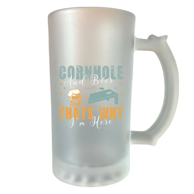 400 ml homokfújt söröskorsó „Cornhole és sör – ezért vagyok itt” felirattal – egyedi ajándék