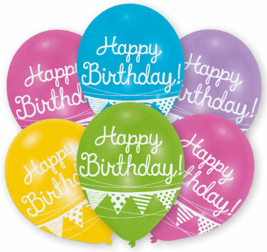 Happy Birthday Bunting léggömb, lufi 6 db-os 11 inch (27,5cm)
