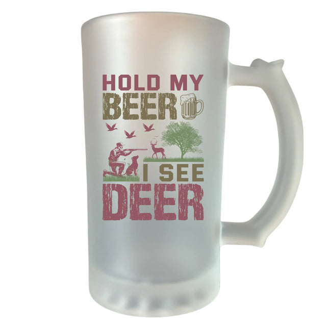 400 ml homokfújt söröskorsó „Fogd meg a söröm, látok egy szarvast” felirattal – egyedi ajándék