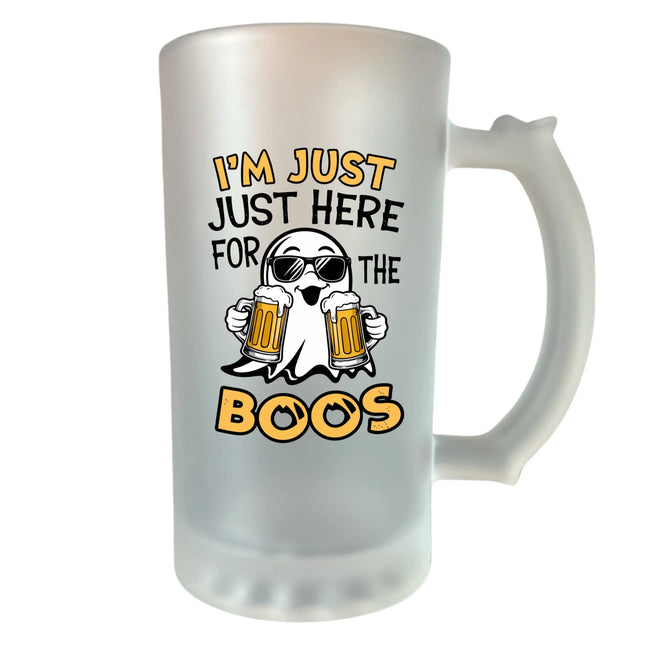 Csak a piáért vagyok itt – homokfújt halloween söröskorsó 400 ml opálos üvegből