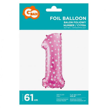 Rózsaszín Pink with Hearts 1-es szám fólia lufi 61 cm