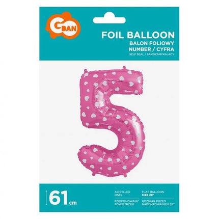 Rózsaszín Pink with Hearts 5-ös szám fólia lufi 61 cm