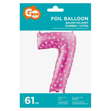 Rózsaszín Pink with Hearts 7-es szám fólia lufi 61 cm
