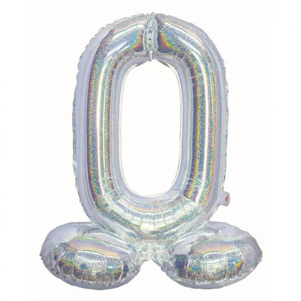 Ezüst Holographic Silver 0-ás szám fólia lufi talppal 72 cm