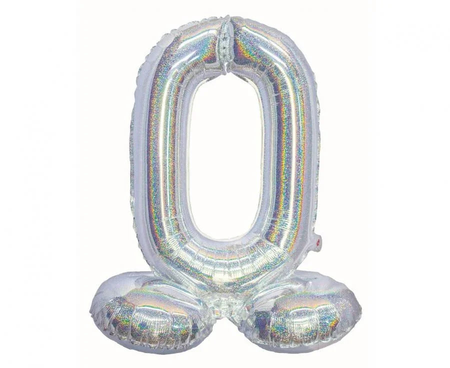 Ezüst Holographic Silver 0-ás szám fólia lufi talppal 72 cm