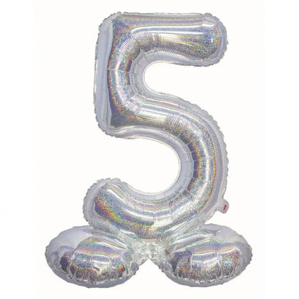 Ezüst Holographic Silver 5-ös szám fólia lufi talppal 72 cm