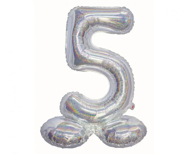 Ezüst Holographic Silver 5-ös szám fólia lufi talppal 72 cm