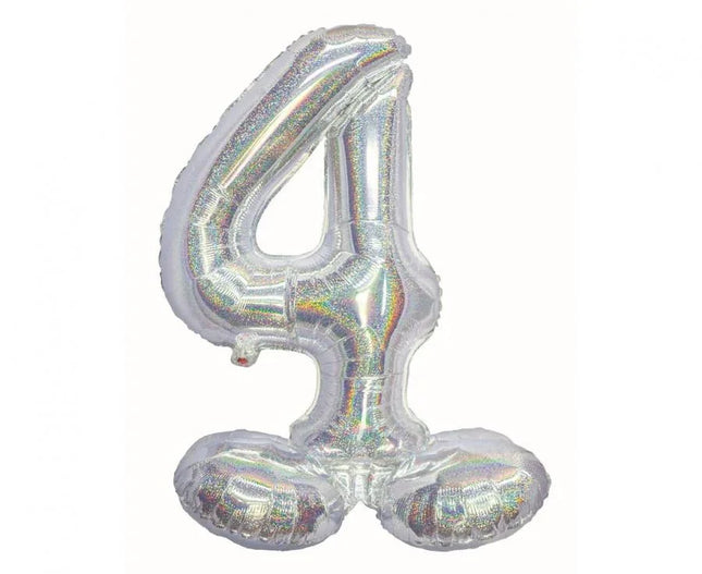 Ezüst Holographic Silver 4-es szám fólia lufi talppal 72 cm