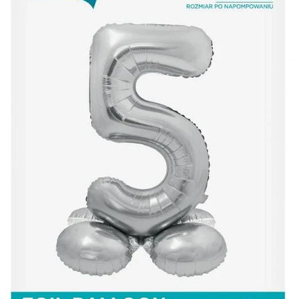 Ezüst 5-ös Silver szám fólia lufi talppal 72 cm