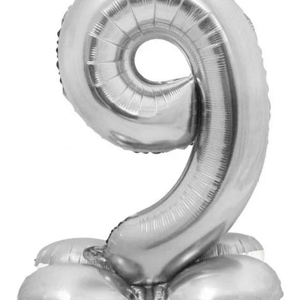 Ezüst 9-es Silver szám fólia lufi talppal 72 cm