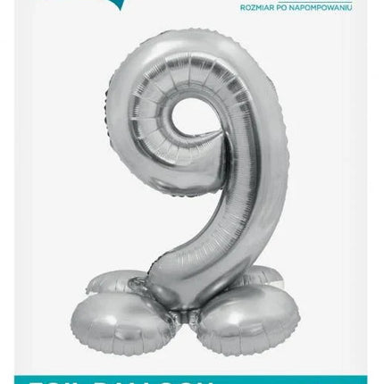 Ezüst 9-es Silver szám fólia lufi talppal 72 cm