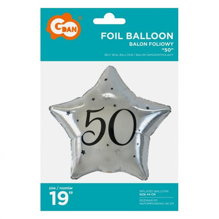 Happy Birthday Silver, Ezüst csillag 50 fólia lufi 44 cm