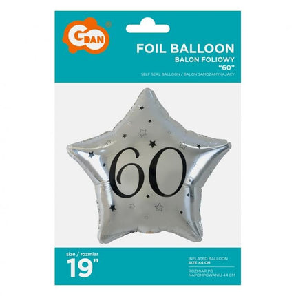 Happy Birthday Silver, Ezüst csillag 60 fólia lufi 44 cm