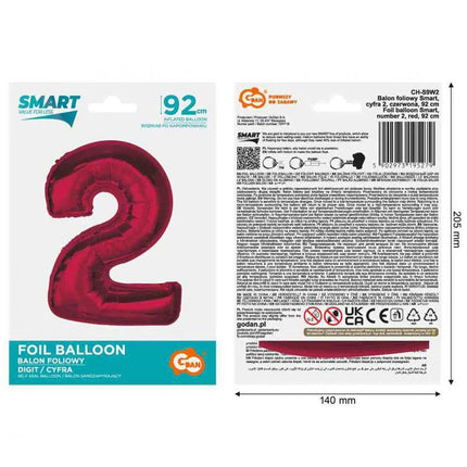 Piros 2-es Red szám fólia lufi 92 cm