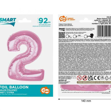 Rózsaszín 2-es Light Pink szám fólia lufi 92 cm