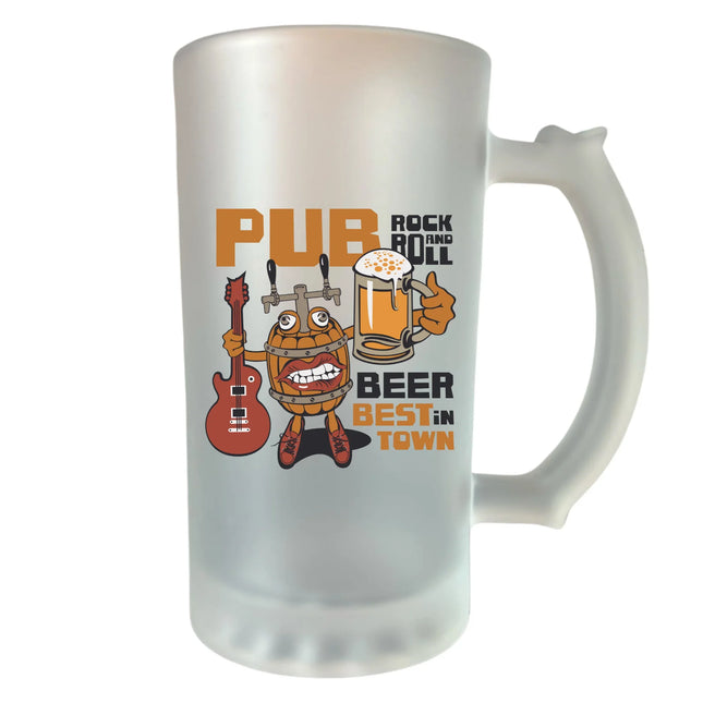 400 ml homokfújt söröskorsó „Pub rock and roll, a város legjobb söre” felirattal – egyedi ajándék