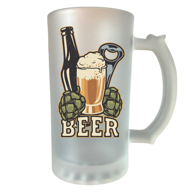 400 ml homokfújt söröskorsó sörös grafikával és búzakalásszal, „BEER” felirattal