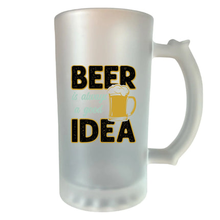 „Zseniális sörötlet!” feliratú opálosított, homokfújt söröskorsó – 400 ml