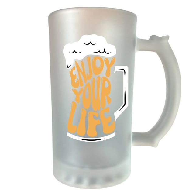 400 ml homokfújt söröskorsó „Élvezd az életed!” felirattal – motiváló ajándék ötlet