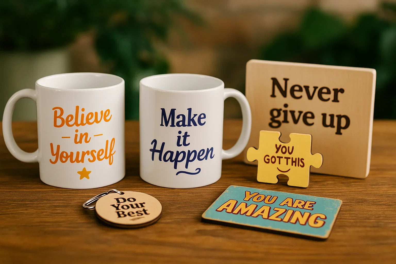 Személyre szabott ajándéktárgyak, például bögre, kulcstartó és fa tábla