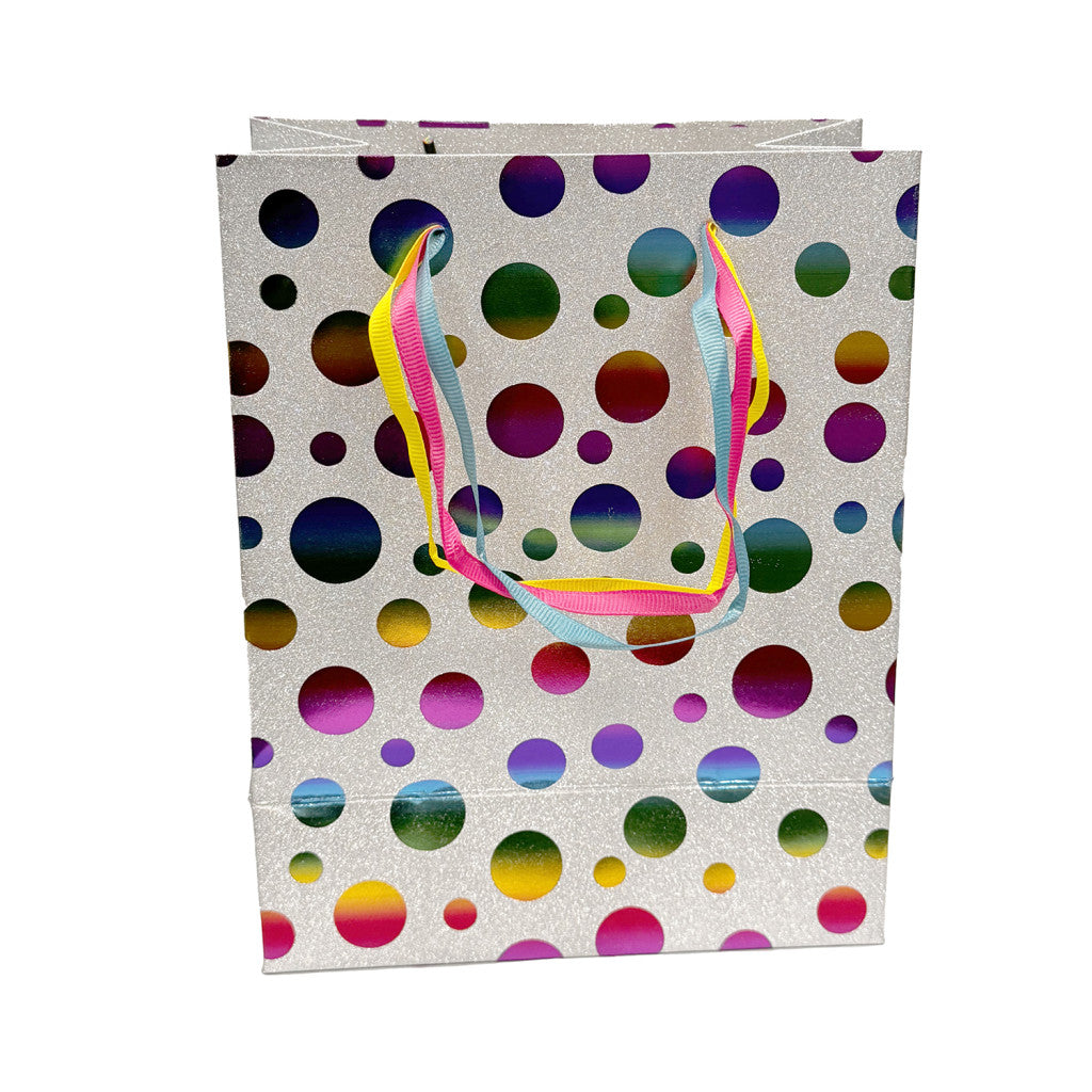 Színes Shapes csillámos papír ajándéktasak, ajándékzacskó 18x10x23 cm