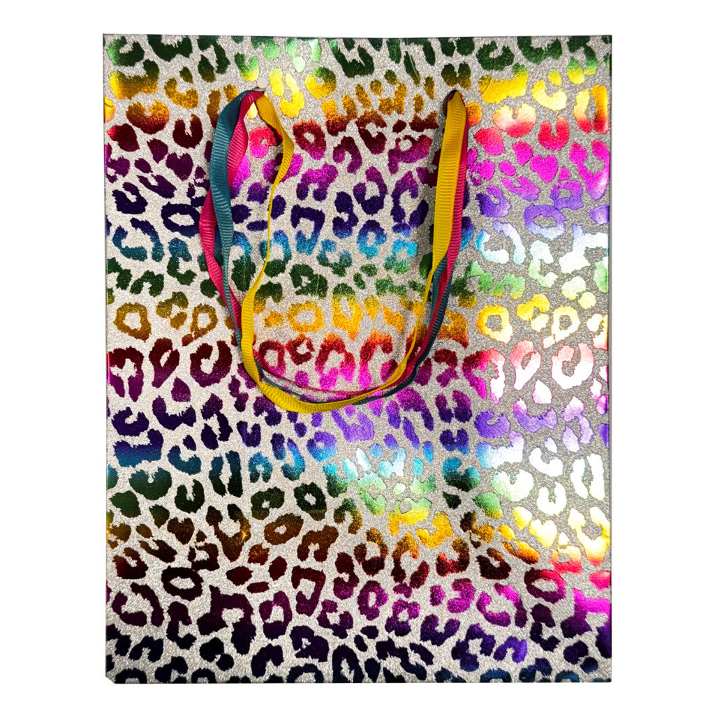 Színes Leopard csillámos papír ajándéktasak, ajándékzacskó 18x10x23 cm