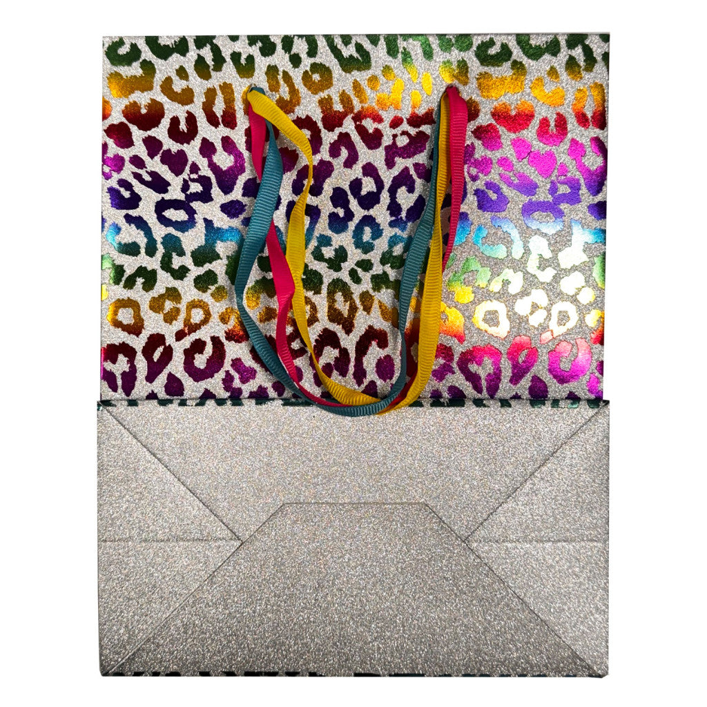 Színes Leopard csillámos papír ajándéktasak, ajándékzacskó 18x10x23 cm