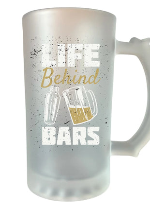 400 ml homokfújt söröskorsó „Life behind bars” felirattal – stílusos ajándék sörimádóknak
