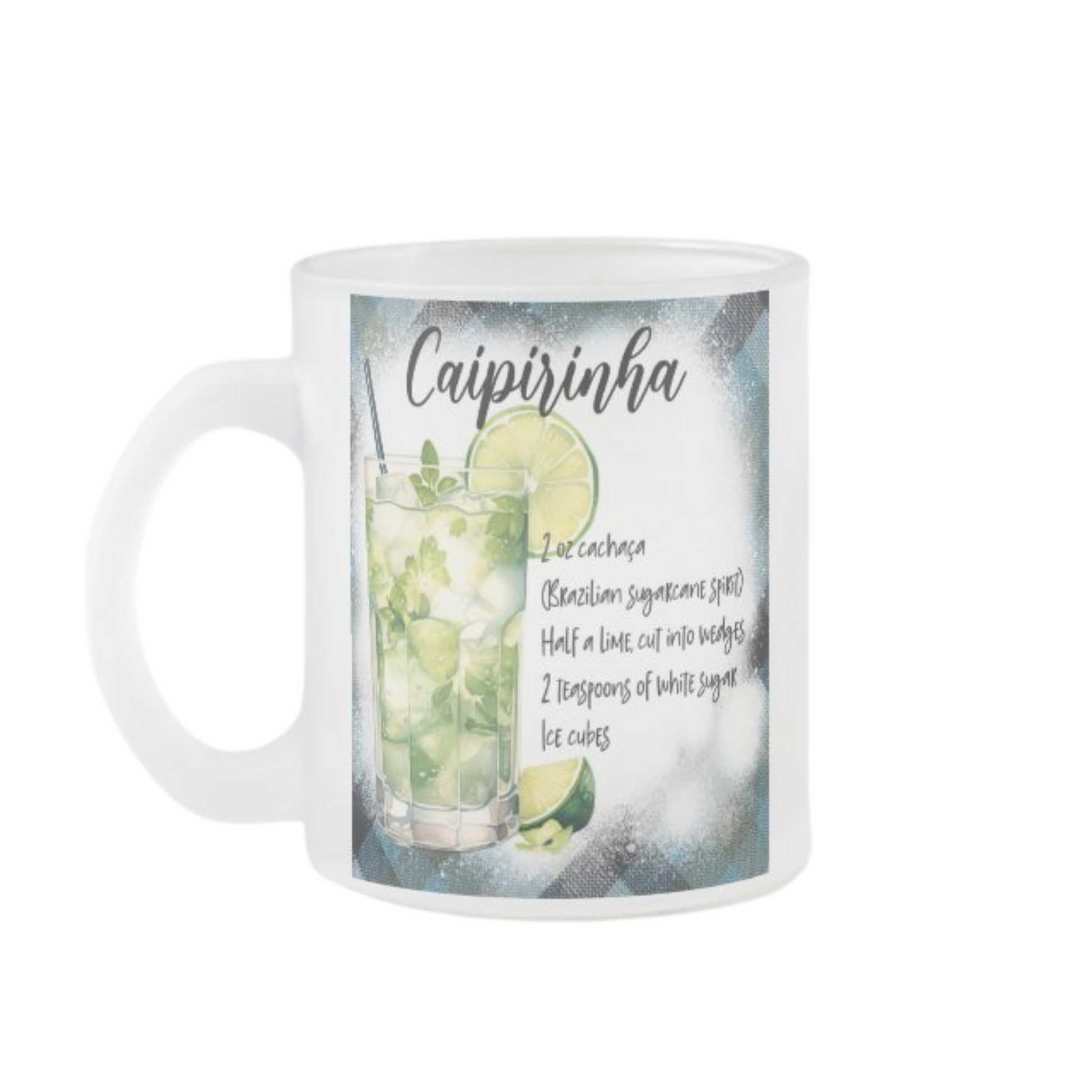 Bögre ami a Caipirinha kotél receptjét ábrázolja