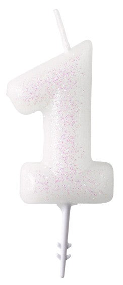 White, Fehér csillámos gyertya 1-es 6,5 cm