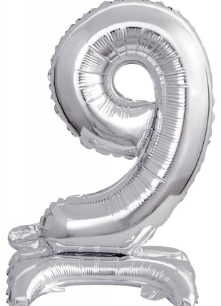 Silver, Ezüst mini 9-es szám fólia lufi talppal 38 cm