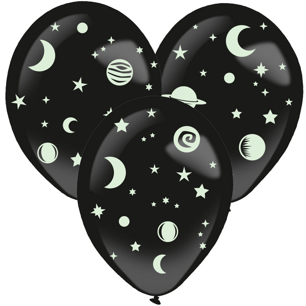 Űr Space sötétben világító léggömb, lufi kiegészítőkkel 3 db-os szett 14 inch (35,5 cm)