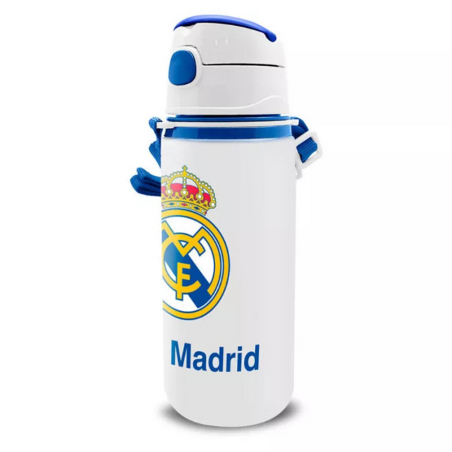 Real Madrid Emblem alumínium kulacs 600 ml szívószállal és akasztóval – praktikus sportkulacs gyerekeknek és szurkolóknak