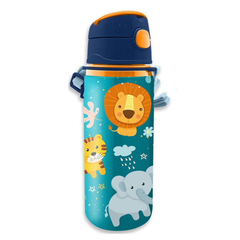 Jungle, Állatos alumínium szívószálas kulacs akasztóval 600 ml