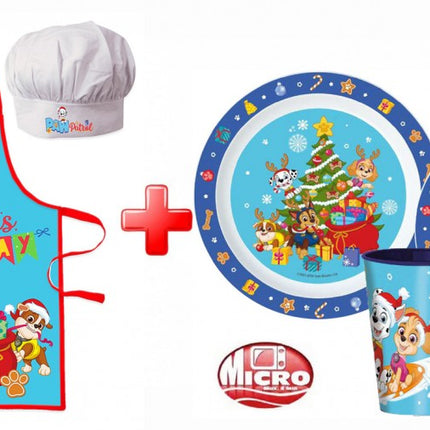 Mancs Őrjárat Holiday Karácsonyi kötény és műanyag étkészlet szett