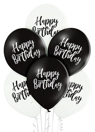 Black White Happy Birthday léggömb, lufi 6 db-os 12 inch (30cm)