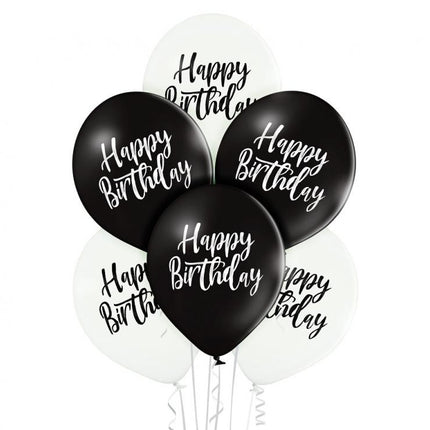 Black White Happy Birthday léggömb, lufi 6 db-os 12 inch (30cm)
