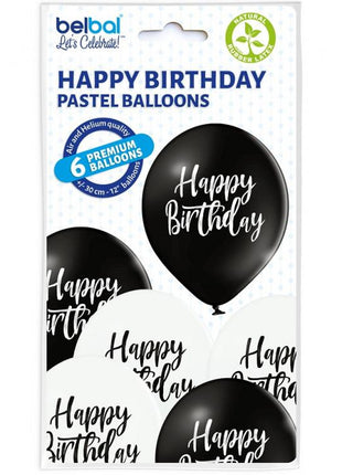 Black White Happy Birthday léggömb, lufi 6 db-os 12 inch (30cm)