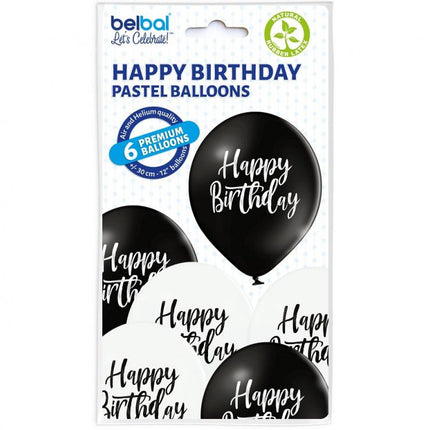 Black White Happy Birthday léggömb, lufi 6 db-os 12 inch (30cm)