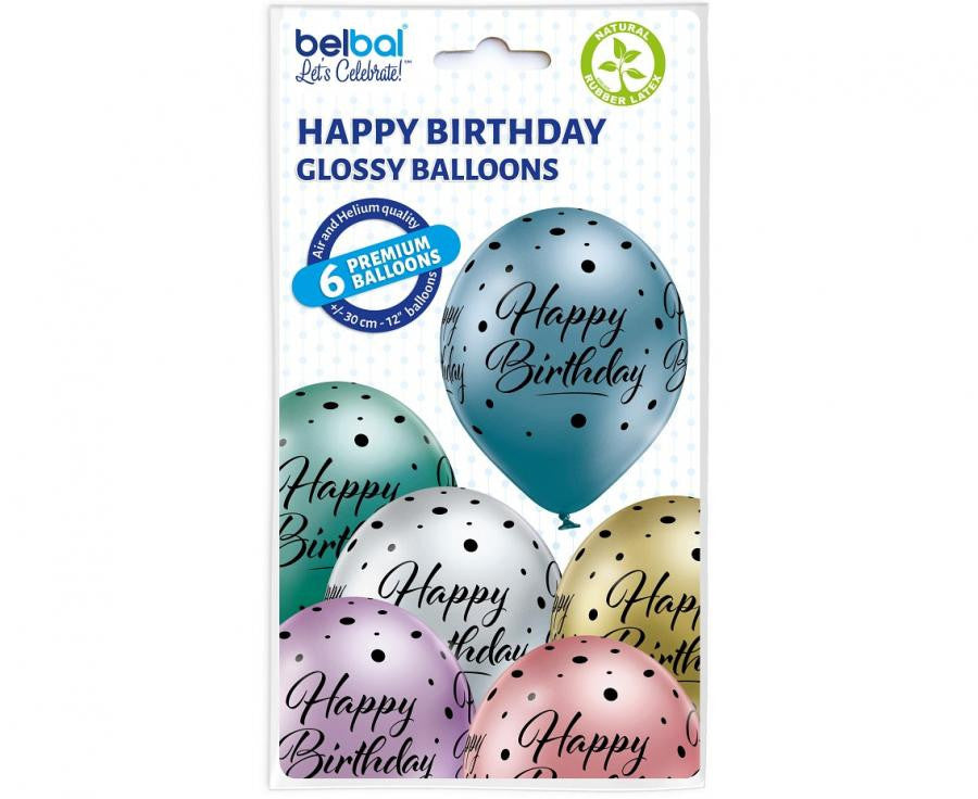 Happy Birthday Glossy léggömb, lufi 6 db-os 12 inch (30cm)