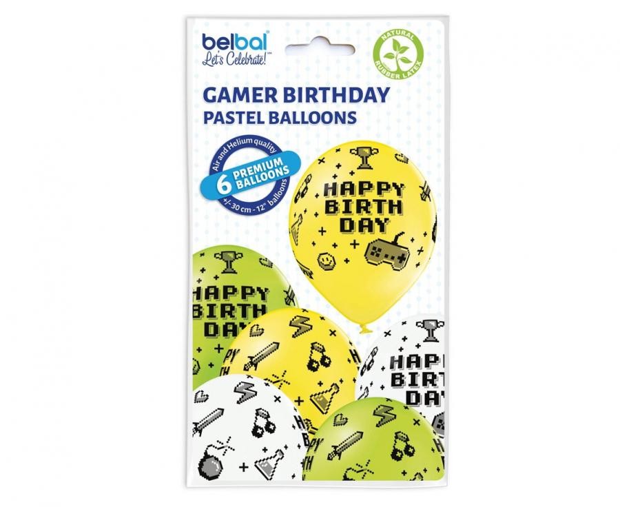 Játék Gamer Birthday léggömb, lufi 6 db-os 12 inch (30cm)