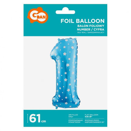Kék Blue with Stars 1-es szám fólia lufi 61 cm