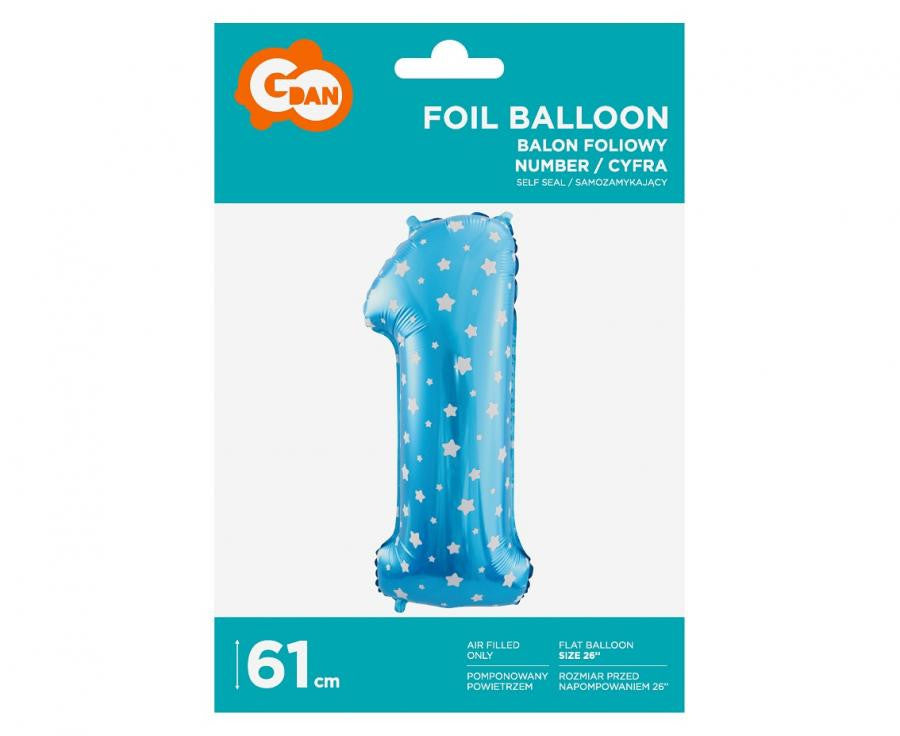 Kék Blue with Stars 1-es szám fólia lufi 61 cm
