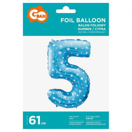 Kék Blue with Stars 5-ös szám fólia lufi 61 cm