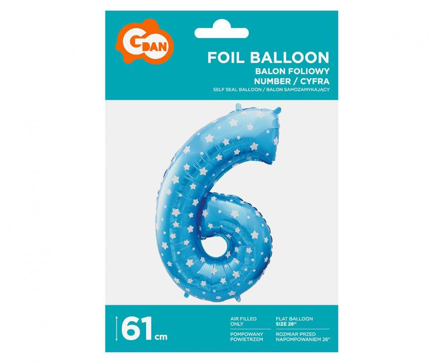 Kék Blue with Stars 6-os szám fólia lufi 61 cm
