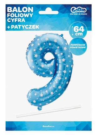 Kék Blue with Stars 9-es szám fólia lufi 64 cm