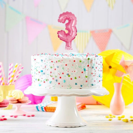 Rózsaszín 3-as Pink szám fólia lufi tortára 13 cm