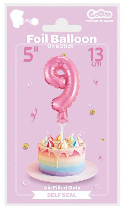 Rózsaszín 9-es Pink szám fólia lufi tortára 13 cm