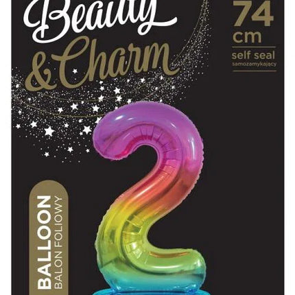 Színes Rainbow 2-es szám fólia lufi talppal 74 cm